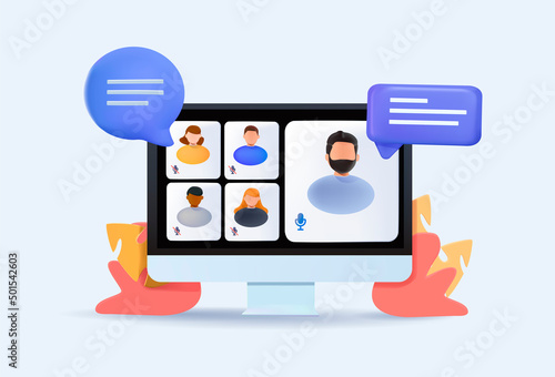 People on computer screen taking with colleague. Videoconferencing and online meeting workspace. 3D Web Vector Illustrations
