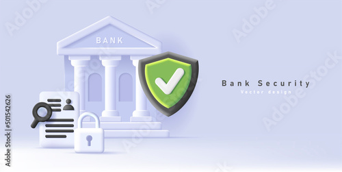 Web banner with bank building and shield indicating security and encryption, padlock and finance document, 3d composition