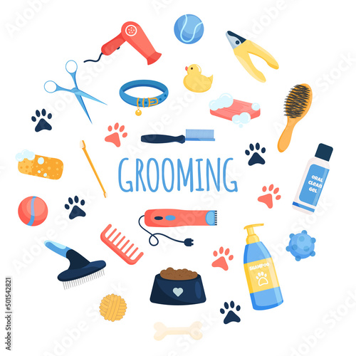 Flat dog and cat grooming tools set in circular shape. Vector pet care equipment elements isolated on white background. Shampoo, combs, toys and tools for wool care. 