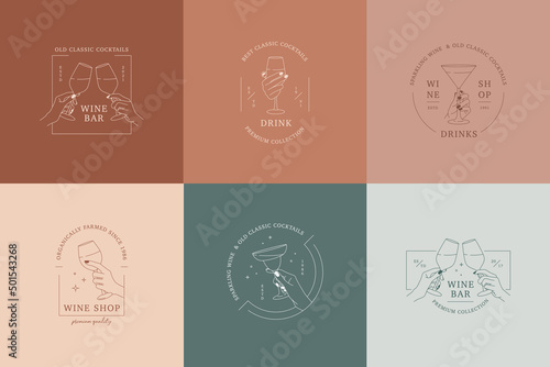 Set of linear logos or emblem template for alcohol store, wine bar, drink shop, cocktail cafe. Hands in different gestures hold glasses of drink. Vector Illustrations isolated on colorful squares
