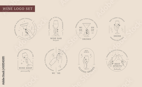 Vector linear set of emblem and logos for wine store, restaurant, cafe, cocktail bar. Collection of different hands hold glass of wine, drink or cocktail. Design template for logos with hand gestures.
