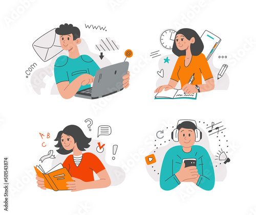 Students are learning. Girls and guys read a book, listen to an online lesson, participate in a webinar, write notes. Vector cartoon flat illustration