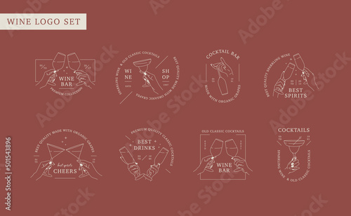 Vector linear set of emblem and logos for wine store, restaurant, cafe, cocktail bar. Collection of different hands hold glass of wine, drink or cocktail. Design template for logos with hand gestures.