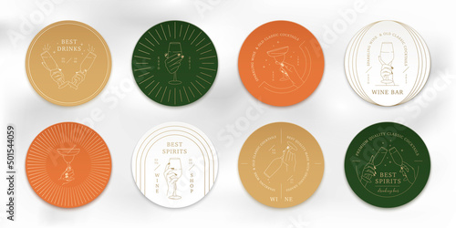 Set of luxury wine labels and logos with hands in different gestures glass. Sticker or badge for wine bar, alcohol store, restaraunt, drink cafe. Linear gold wine signs