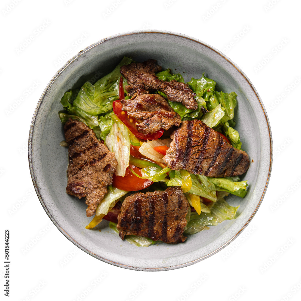 Isolated portion of roast beef salad on white background