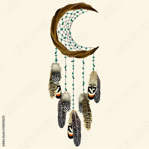 Dreamcatcher with crescent moon and feathers. Vector tribal illustration in boho style. 