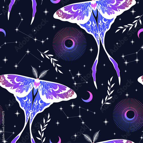 Magic vector illustration of moon moth in purple colors. For print for T-shirts and bags, decor element. Mystical and magical, astrology illustration