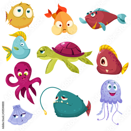 A set of funny cartoon sea fish. Octopus, snake fish, turtle, puffer fish, jellyfish, shell. Vector cartoon set of aquarium characters isolated on a white background.