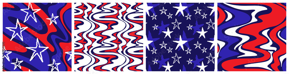 July 4th abstract stars and stripes seamless pattern with psychedelic design. Vector background in red, blue and white colors with liquid ripple and glitch effect. July 4th abstract stars and stripes seamless pattern with psychedelic design. Vector background in red, blue and white colors with liquid ripple and glitch effect.