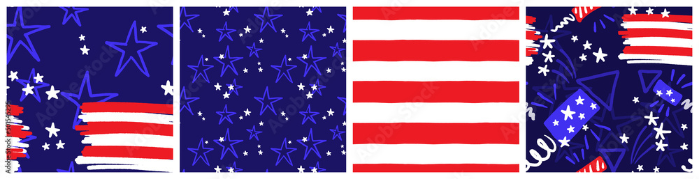Independence day US patriotic seamless pattern set with stars and stripes graphic. Vector background set with rocket petard and firework clipart for the 4th of July party decorations in red, blue and Independence day US patriotic seamless pattern set with stars and stripes graphic. Vector background set with rocket petard and firework clipart for the 4th of July party decorations in red, blue and