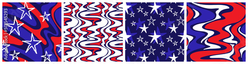 July 4th abstract stars and stripes seamless pattern with psychedelic design. Vector background in red  blue and white colors with liquid ripple and glitch effect.