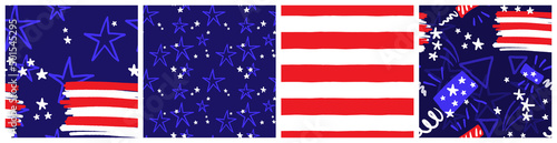 Independence day US patriotic seamless pattern set with stars and stripes graphic. Vector background set with rocket petard and firework clipart for the 4th of July party decorations in red, blue and 