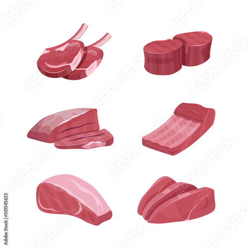 A set of different parts of raw beef. Farm meat on a white background.