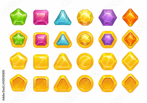 Shiny gemstone GUI elements. Cartoon crystal gems