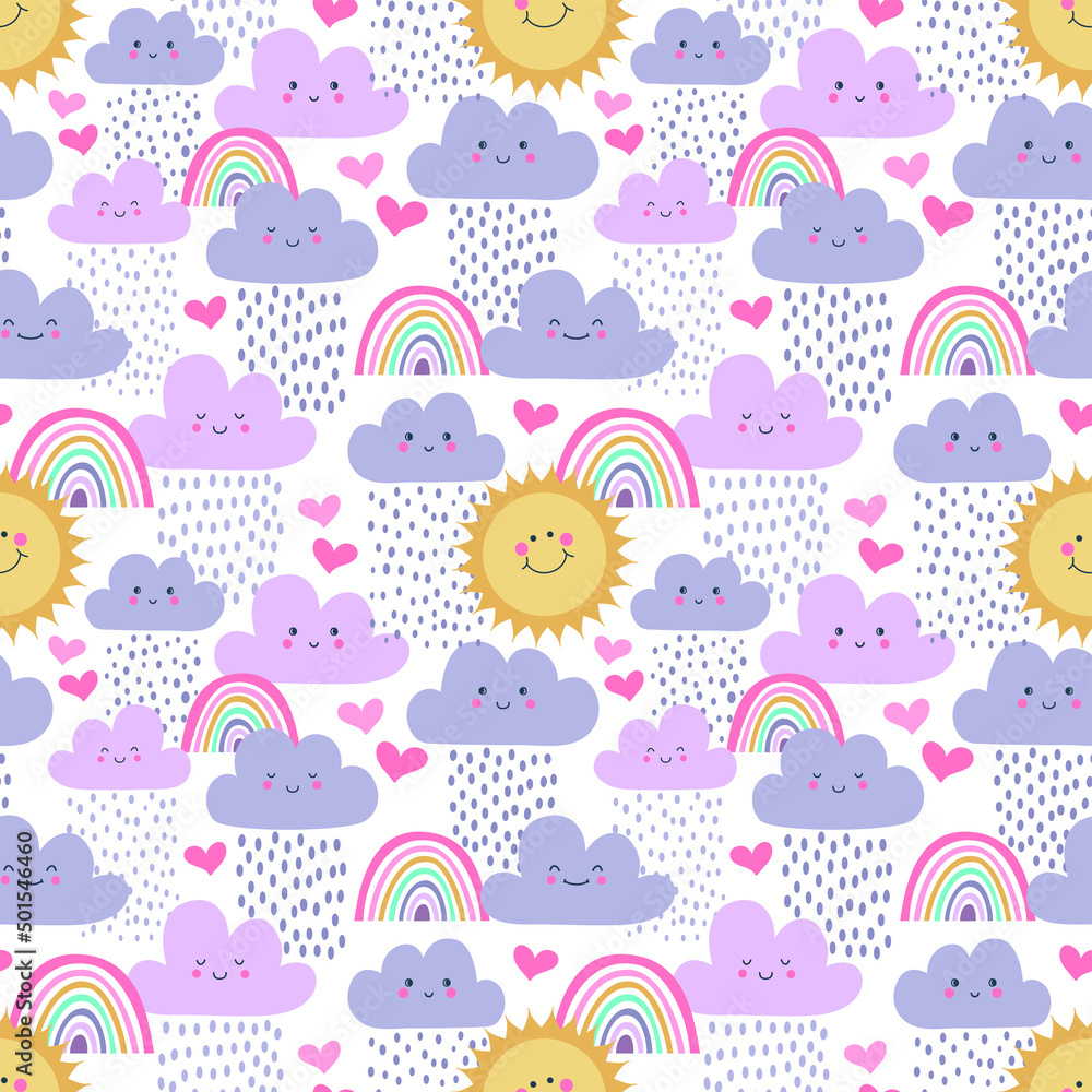 Fototapeta premium Seamless pattern with rainbow, sun, clouds and rain. Vector background in childish style. Great for kid theme.