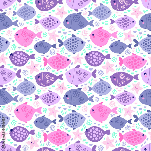 Seamless vector pattern with fishes in trendy colors.