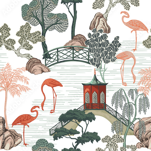 Tropical  trees, flamingo, pagoda summer seamless pattern. Chinoiserie wallpaper.
