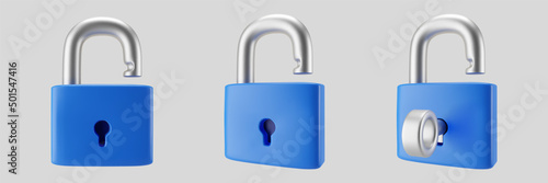 3d blue unlocked padlock icon set with key isolated on gray background. Render minimal open padlock with a keyhole. Confidentiality and security concept. 3d cartoon simple vector illustration.
