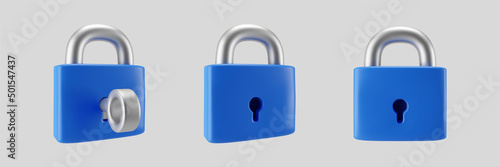 3d blue locked padlock icon set with key isolated on gray background. Render minimal closed padlock with a keyhole. Confidentiality and security concept. 3d cartoon simple vector illustration