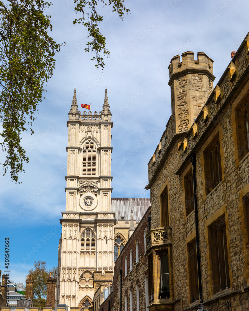 View of Westminster Abbey from Deans Yard in London, UK
