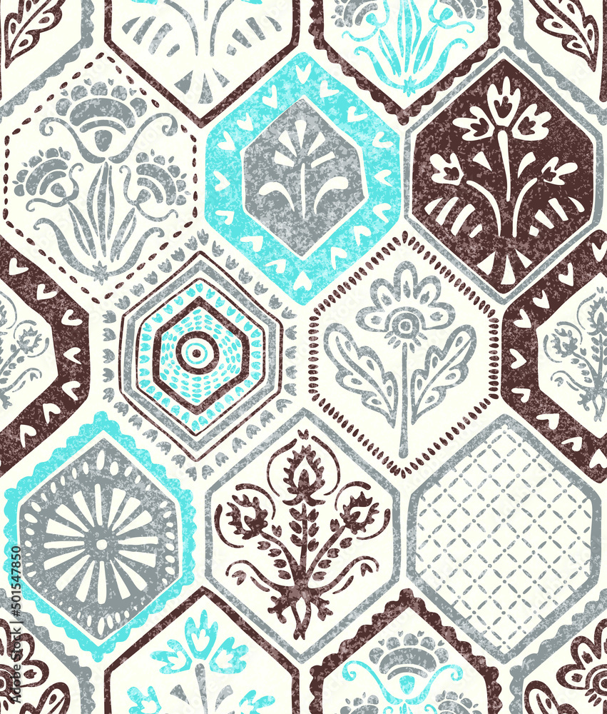 Seamless bohemian patchwork pattern. Vintage tile print. Ethnic and tribal motifs. Handmade. Vector illustration.