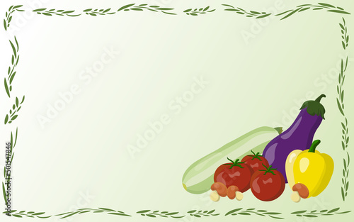 Background for text with a frame of leaves, decorated with a composition of vegetables in flat style. Layout vector design for advertising, menus, presentations, recipes, banners, product packaging.
