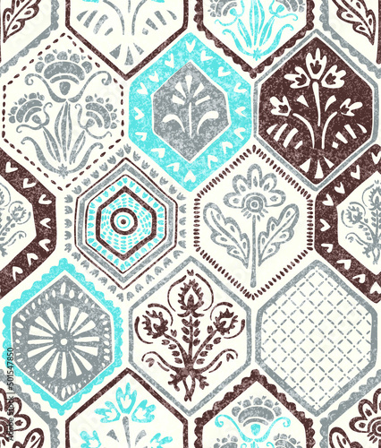 Seamless bohemian patchwork pattern. Vintage tile print. Ethnic and tribal motifs. Handmade. Vector illustration.