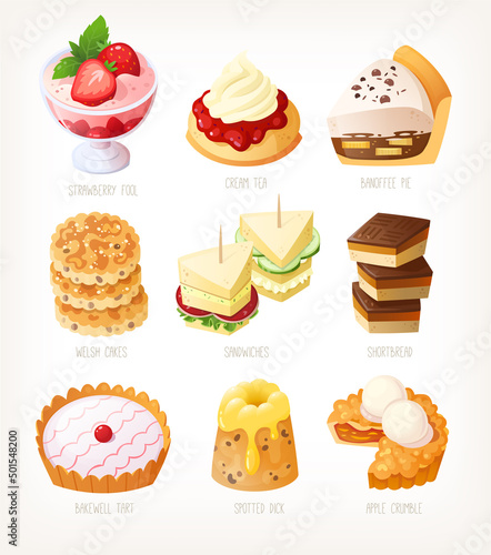 Collection of classic traditional British desserts with names: tarts, cakes, sandwiches for afternoon cake. Isolated vector images, tasty menu illustrations