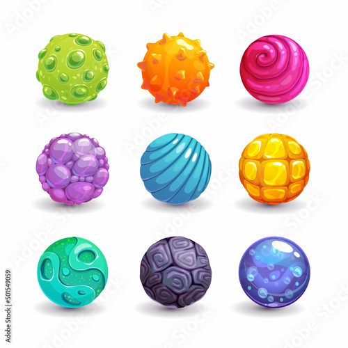 Colorful glossy balls set. Cartoon jelly bubbles