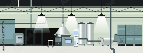 Industrial grey interior of factory machinery horizontal banner and background web flat vector illustration