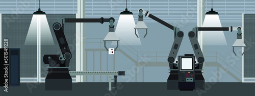 Industrial interior of factory with line conveyor and black robots machinery horizontal banner and background web flat vector illustration