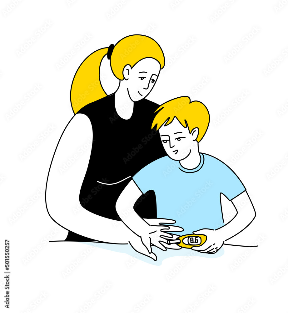 Mother help sugar test diabetes boy, blood sugar meter doodle style drawing.