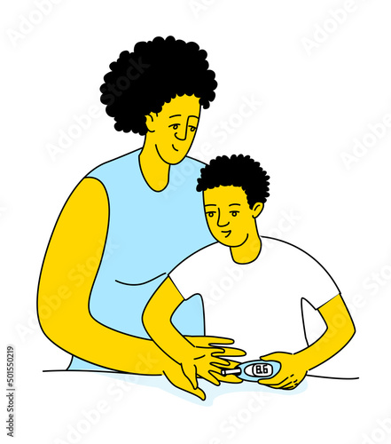 Mother help sugar test diabetes boy, blood sugar meter doodle style drawing.