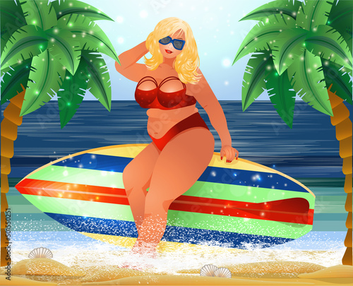 Plus size blonde woman with surfboard, summer time vip card, vector illustration