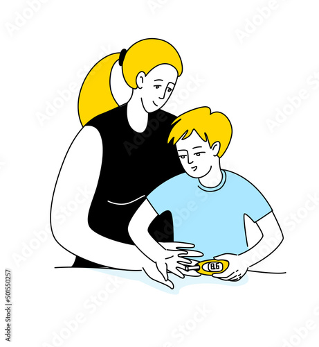 Mother help sugar test diabetes boy, blood sugar meter doodle style drawing.