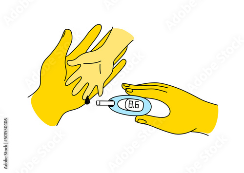 Mother help sugar test diabetes kid, blood sugar meter doodle style drawing.