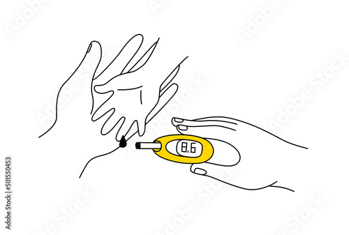 Mother help sugar test diabetes kid, blood sugar meter doodle style drawing.