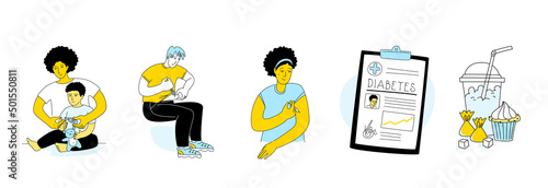 Diabetes in children. Parents mother sugar test son, injection insulin pen