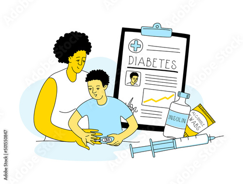 Mother help sugar test diabetes boy, insulin kit pen, blood sugar meter doodle style drawing.