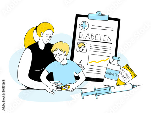 Mother help sugar test diabetes boy, insulin kit pen, blood sugar meter doodle style drawing.