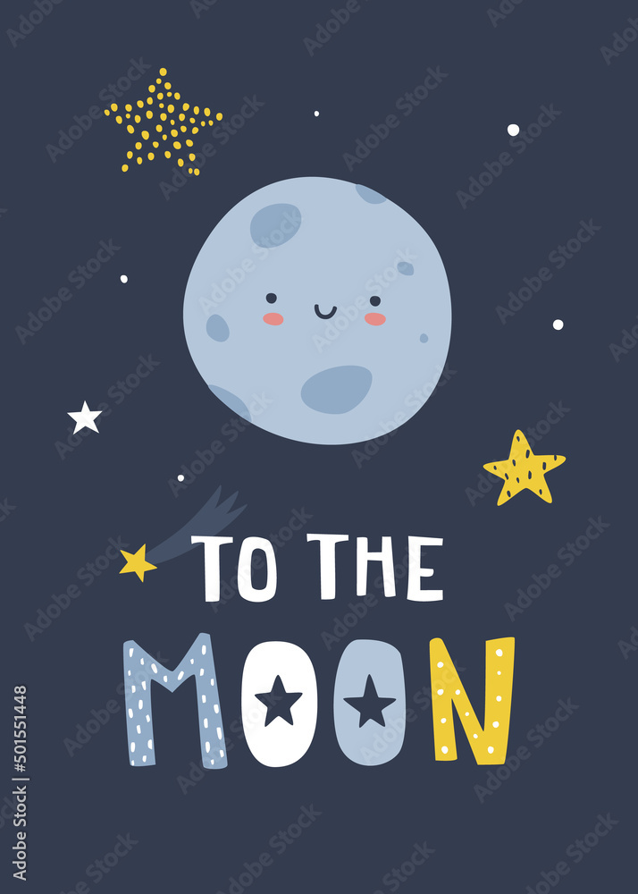 Naklejka premium Cute scandinavian poster with smiling moon and lettering. Kawaii space print with planet and text.