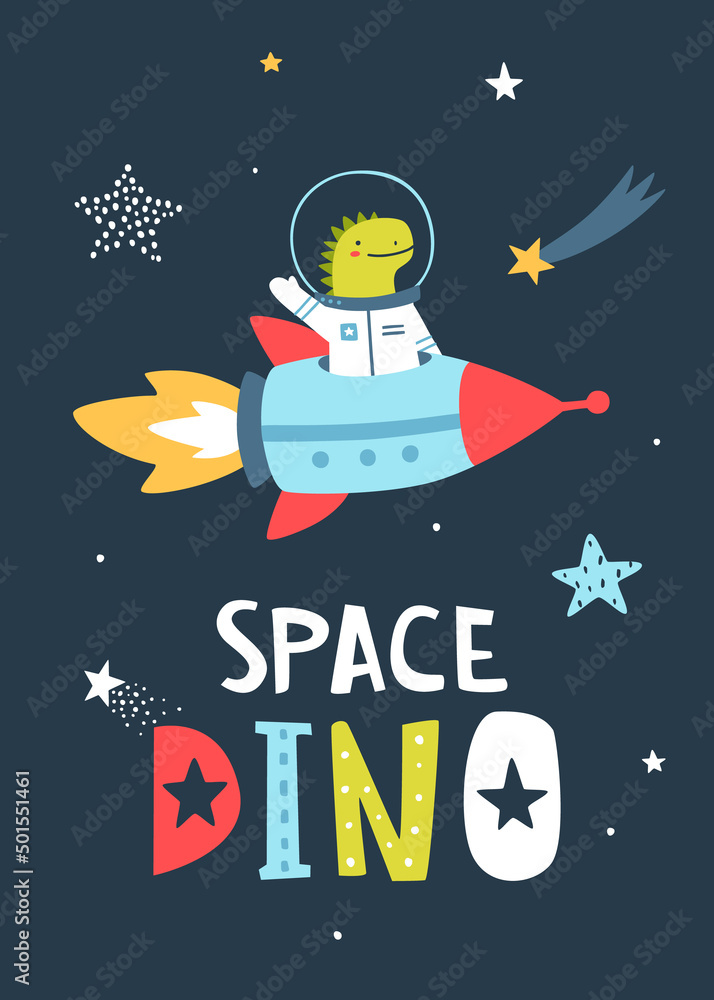 Naklejka premium Poster with dino flying on the rocket in the space. Cute cosmic dinosaur print with kettering.