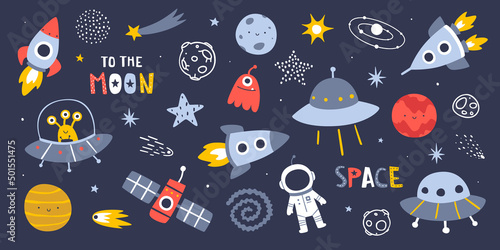 Fototapeta Naklejka Na Ścianę i Meble -  Cute outer space set. Cosmic bundle with doodle spaceships and planet. Collection of naive stellar stickers.