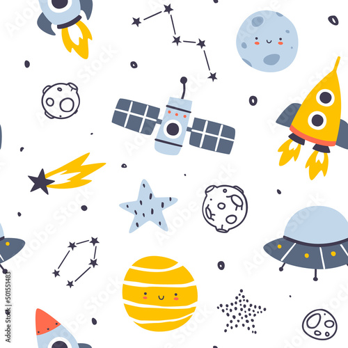 Scandinavian space adventure pattern. Cosmic seamless vector print for baby fabric and nursery wallpaper.