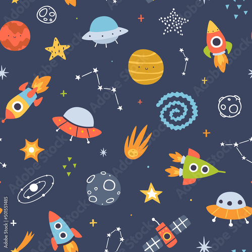Space adventure pattern for kids. Colorful seamless cosmic print for baby textile and fabric.