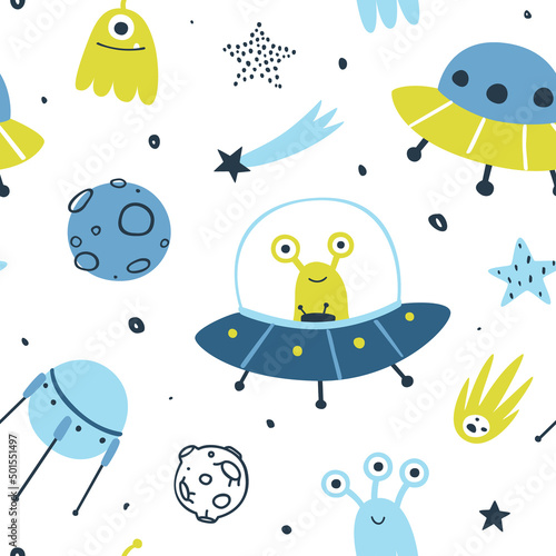 Cute space pattern with aliens on the ufo. Funny seamless cosmic print for baby textile and nursery fabric.