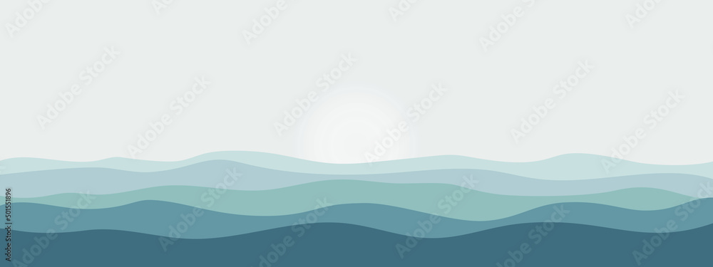 Sea landscape graphic picture. View with waves, sky and sun. Background with space for text. Vector illustration