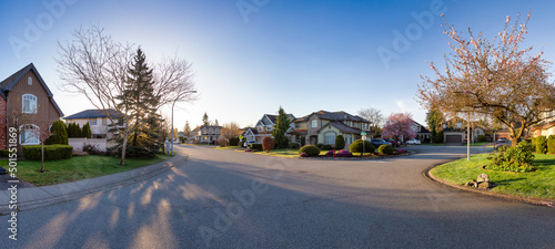 Residential neighborhood Street in Modern City Suburbs. Sunny Spring Morning Sunrise. Fraser Heights, Surrey, Greater Vancouver, British Columbia, Canada. Panorama