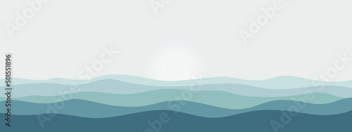 Sea landscape graphic picture. View with waves, sky and sun. Background with space for text. Vector illustration