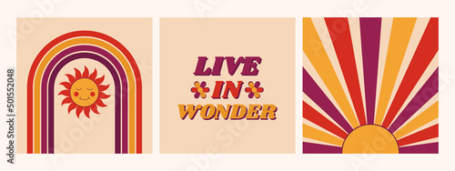 70s retro posters collection. Abstract geometric colorful backgrounds with Live in Wonder quote. Vector illustration.
